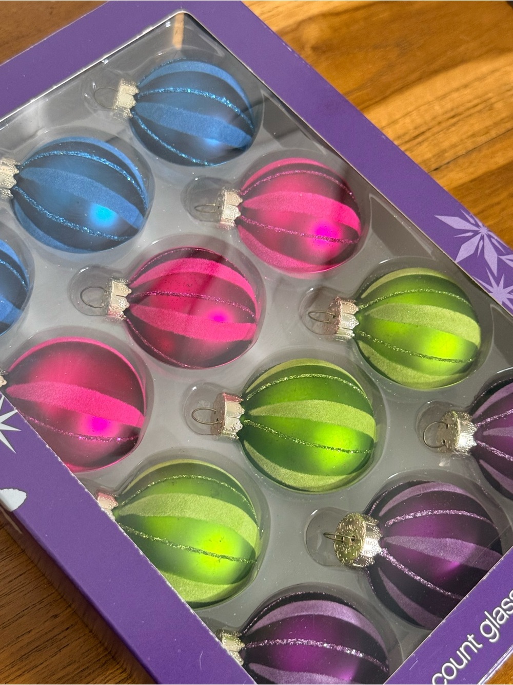 Vintage Blue Pink Green Purple Striped Glass Holiday Ornaments